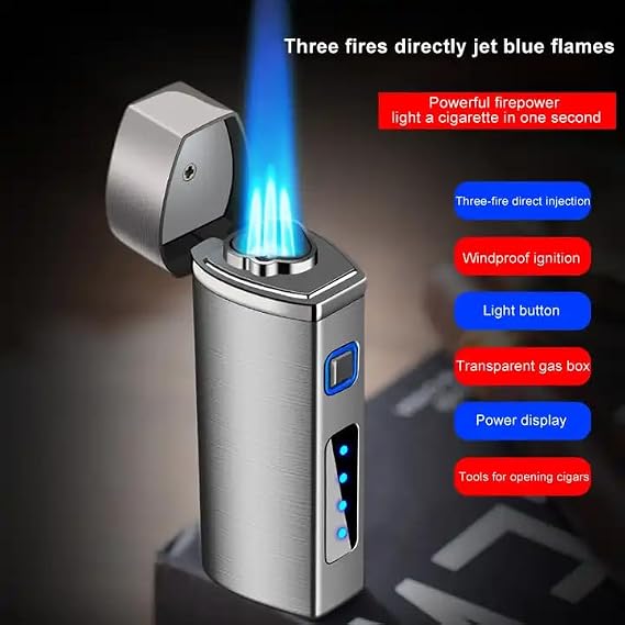 Windproof One Touch 3-Flame Butane Lighter with Electronic Firing Triple Jet Flame Flint Torch Lighter, Refillable Butane Gas Lighter for Cigar(Butane Gas not Included) (Brush Black)