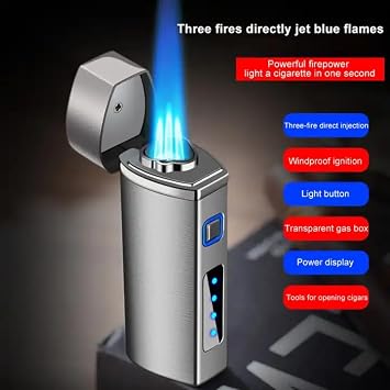 Windproof One Touch 3-Flame Butane Lighter with Electronic Firing Triple Jet Flame Flint Torch Lighter, Refillable Butane Gas Lighter for Cigar(Butane Gas not Included) (Brush Black)