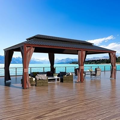 VEIKOU 14x24FT Hardtop Gazebo, Double Galvanized Steel Roof Wood Grain Gazebo with Aluminum Frame, Outdoor Pergolas and Gazebos Patio Gazebo with Netting and Curtains for Backyard, Deck, Lawns