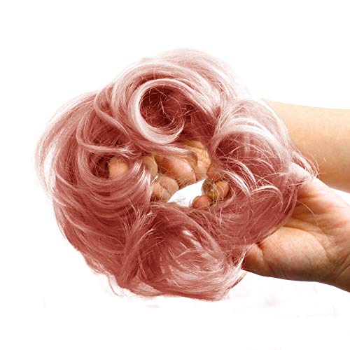 Bella Hair 100% Human Hair Scrunchie Messy Bun Hair Pieces for Women Wavy Curly Up-Do Chignon Extension (#Rose Gold Golden Pink)
