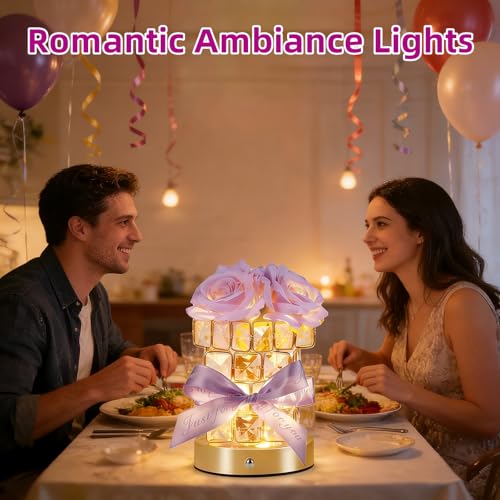 Image of Women Gifts Purple Rose Flower Lamp Cordless LED Touch Flower Night Light | 3-Colour Stepless Dimming,Rechargeable Small Flower Bedside Table Lamp,Birthday Gift for Women,Home Living Room Bedroom Decor
