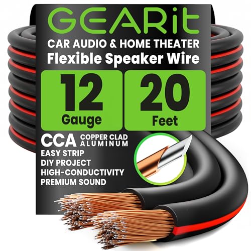 GEARit 12 Gauge Speaker Wire Black 20 ft,Speaker Cable with Foot Markers & Polarity Markings,12 Gauge Wire for Car Audio & Home Theater Speakers,Audio Cable for DIY Installations,CCA