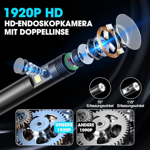 OneAmg Endoskopkamera mit Licht,1920P HD Doppellinse Endoskopkamera Handy mit 8 +1 LED Wasserdichtes IP67 Inspektionskamera Kein WLAN Erforderlich Endoskop Kamera für Android & iOS (16.4 ft/5m)