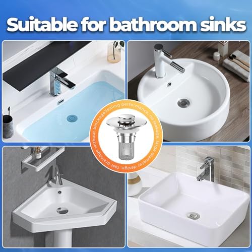 Image of SUS304 Stainless Steel Pop-Up Drain Stopper with Mesh Filter | Hair Catcher Basket, Push to Open /Close, Chrome Finish, Bathroom Sink Drain, Corrosion Resistant