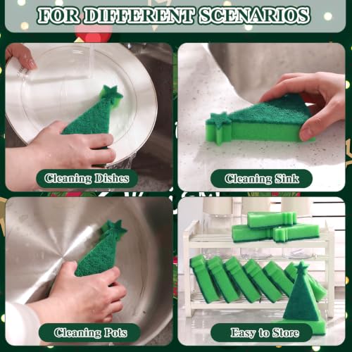 Image of Tioncy 12 Pack Christmas Tree Kitchen Sponges Bulk Green Star Top Tree Dual Sided Scrubber Sponges Dishwashing Kitchen Cleaning Accessories for Home Decor Household Supplies