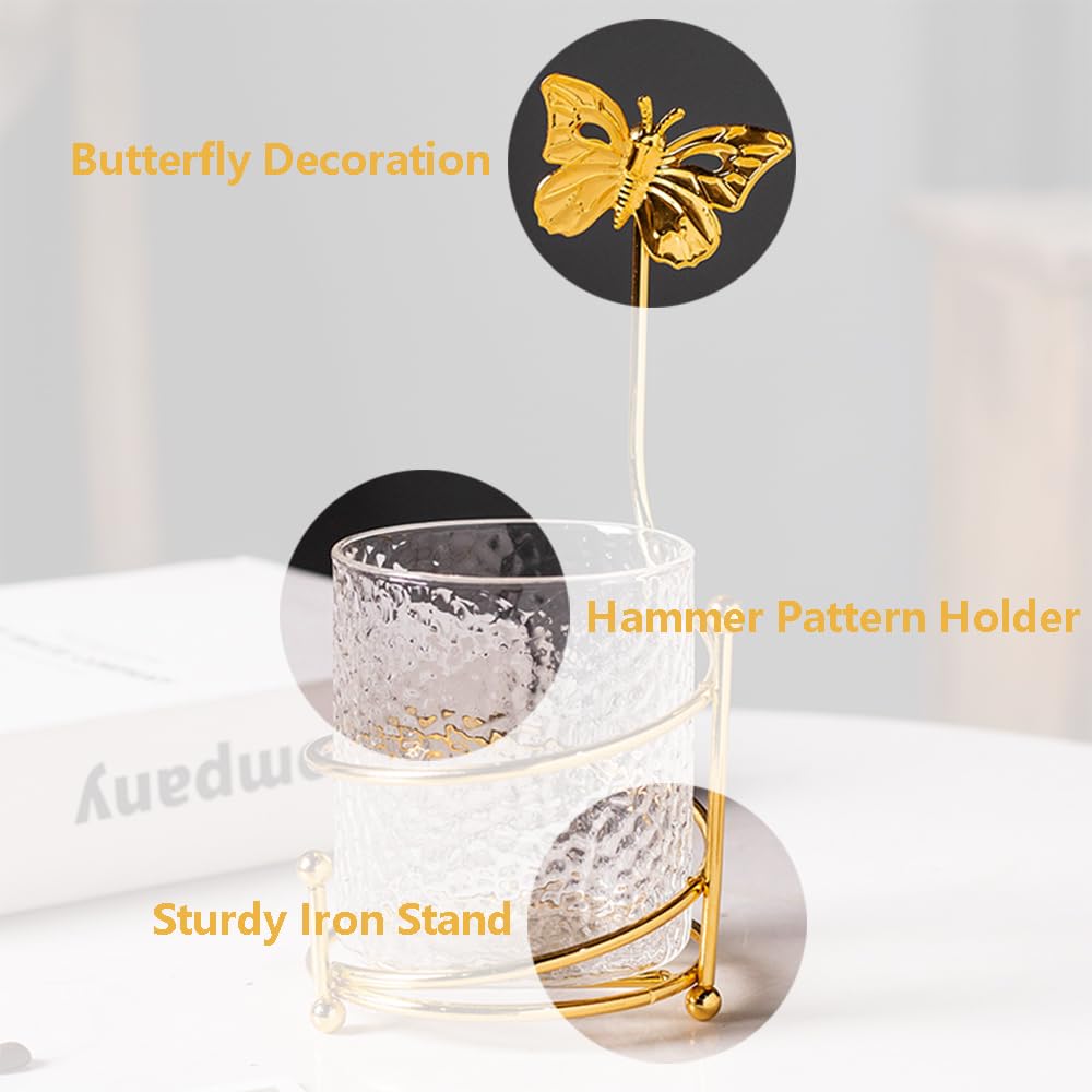 6 cucharas de café con soporte de vidrio, pequeñas cucharas de postre doradas de acero inoxidable, juego de mini cucharas de té para frutas, agitar, mezclar, azúcar, helado, pastel