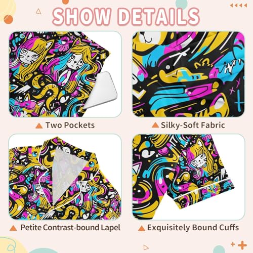 senya Graffiti Cat Satin Summer Pajama Sets Silk Short Sleeve Button Down Sleepwear3