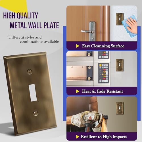 Image of ENERLITES Toggle Light Switch Metal Wall Plate, Stainless Steel Switch Cover, Corrosion Resistant, Standard Size 1-Gang 4.50 inch x 2.76 inch, Stainless Steel 201, 7711-AB, Antique Brass | Antique brass finish; Rust-proof Stainless Steel 201; Standard 1-gang; UL Listed; 7711-AB