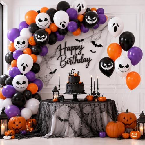 Image of Halloween Balloons Black White Skull Halloween Scary Night Party Decoration | 12in Black White Ghost Skull & Jack O Lantern Balloons for Halloween Skeleton Trick or Treat Horror Haunted House Decorations