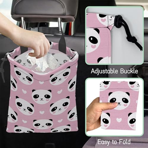Image of Lovely Panda Car Garbage Bag,Hearts Waterproof Small Car Trash Bag Hanging Back of Seat,Drawstring Hanging Car Trash Bag with Adjustable Buckle for Car Accessories