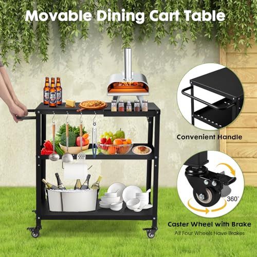 Image of Outdoor Grill Cart Table,Indoor and Outdoor Pizza Oven Table,with 4 Movable Total Lock Casters, Hooks, Side Handle Multifunctional (Black) (Black)