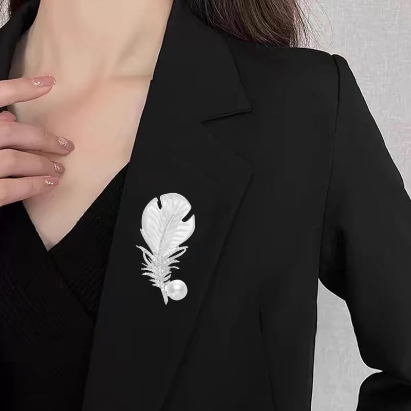 Rhinestone Feather Brooch Pin for Men Women Gold Silver Plated Elegant Delicate Leaves Hat Bag Suit Tie Crystal Pearl Lapel Brooches Trendy Jewelry Gifts - Image 2