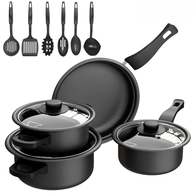 Image of Non-Stick Pots & Pans Set | 13-Piece Kitchen Cookware Set | Black Thirteen Piece Set of Pot, Non Stick Soup Pot, Milk Pot, Frying Pan, Multiple Cookware Set for Home & Daily Cooking