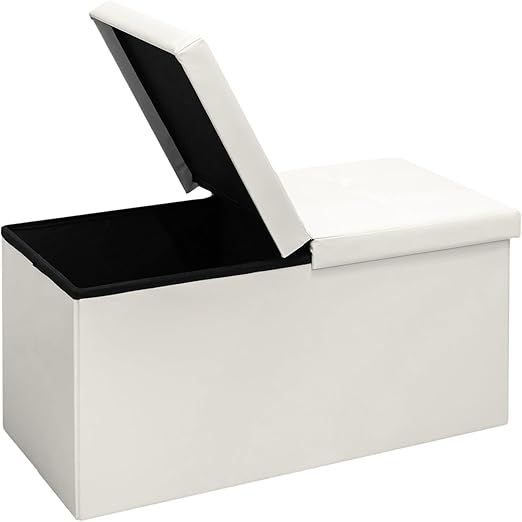 B FSOBEIIALEO Storage Ottoman with Filpping Lids, Ottoman Storage Bench Footrest Seat, Storage Chest Faux Leather 30"x15"x15" (White)