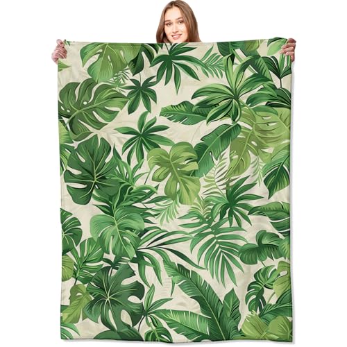 VODRM Tropical Green Leaves Blanket Lush Botanical Leaf Throw Blankets with Plant,Birthday Gifts for Girls Women & Nature Lovers,Lightweight Soft Fleece,for Sofa Couch Bed Room Decor 50x60in