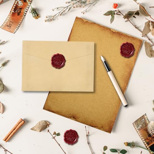 40 Stück Vintage-papier Umschläge Briefpapier Set, Vintage Briefpapier mit Umschlag Set mit 12 Kraftpapier Umschläge, 16 Briefpapier und 12 Wachssiegel-aufkleber, für Hochzeit, Geburtstag