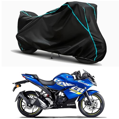 Image of Waterproof Bike Body Cover Compatible for | Suzuki Gixxer SF 250 Moto | Taffeta Fabric, Sky Piping Design, Bottom Elastic Fit | Dustproof, Sun UV & Rain Protection for All Weather.