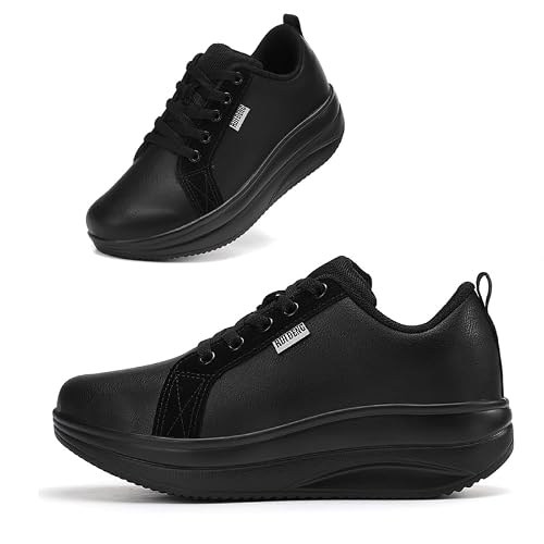 Women’s 2 Inch Rocker Sole Platform Walking Shoes, Leather Upper Sneakers for Comfort, Casual Elevated Shoes for Work, Travel & Daily Wear Leather All Black 8