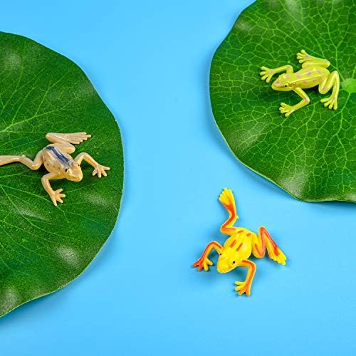 Berolle 20 PCS Plastic Frogs Set 12 PCS Plastic Frog Figures Model Colorful Frog 8 PCS Artificial Lotus Leaves Floating Lotus Leaves for Pond Pool Crafts Decoration