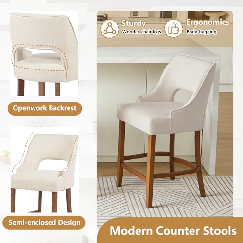 Butacos modernos de bar, set de 2 unidades, altura para barra (26 pulgadas), con respaldo y reposapiés curvo, tapizados en beige con patas de nogal, para isla de cocina, comedor y bar miniatura 4