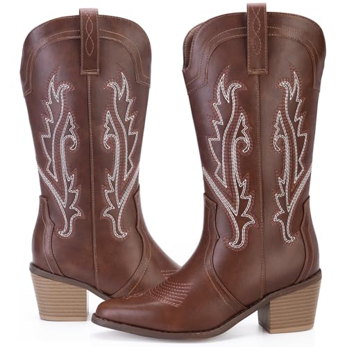 Women's Cowboy Boots Pointed Toe Western Boots Embroidered Mid-Calf Chunky Block Heel Cowgirl Boots3