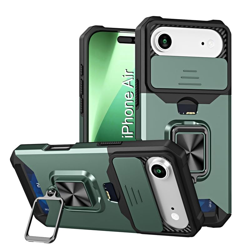 Image of LuxuryKase Shockproof Armor Case for iPhone Air | Slide Camera Cover | Hidden Card Slot | Rotating Ring Kickstand | Magnetic Car Mount Support | Military Grade Protection - Green
