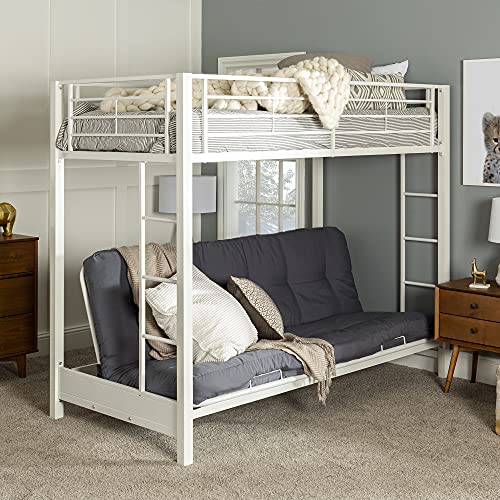 Walker Edison Elodie Urban Industrial Twin over Futon Metal Bunk Bed, Twin Size, White