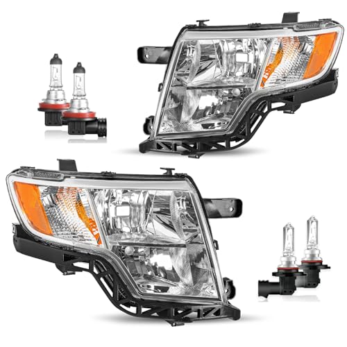 Chrome Amber For 2007 2008 2009 2010 Ford Edge SE SEL Halogen Headlights Headlamp Assembly Replacement Pair Driver and Passenger with Bulbs Factory Style