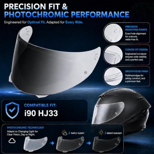Image of PSLER Photochromic Shatterproof Motorcycle Helmet Visor for i90 HJ-33 | Impact-Resistant ,UV400 Protection, Motorcycle Tinted Face Shield for i90 HJ-33,Visor Replacement