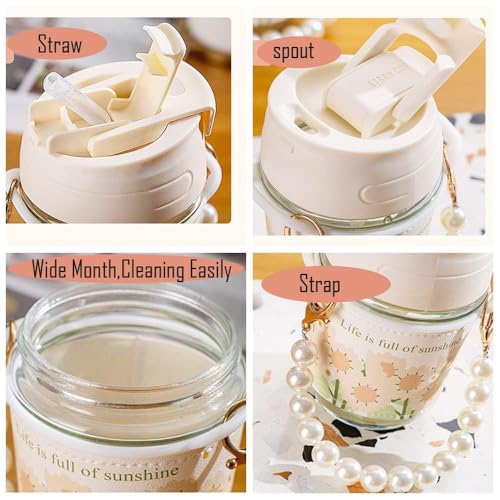 Image of Glassbunny Glass Coffee Tumbler with Lid and Straw, 350 Ml Milk Mug with Pearl Chain Belt & Leather Grip Reusable Travel Sipper Cute Mugs for Girls for Juice Smoothies Iced Tea