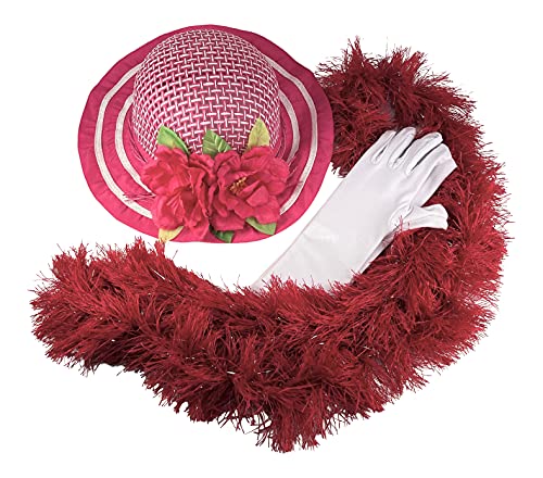 Girls Tea Party Dress Up Hat with Faux Pearl Necklace Boa and White Gloves - Main Image