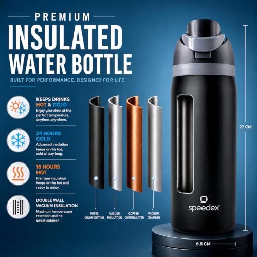 Image of Speedex Coral 1000 Stainless Steel Vacuum Insulated Water Bottle 950ml | Thermosteel Flask | Hot 18Hr Cold 24Hr | Flip Straw Lid Sipper | Kids Boys Girls Men Women Office School Gym Travel | Black