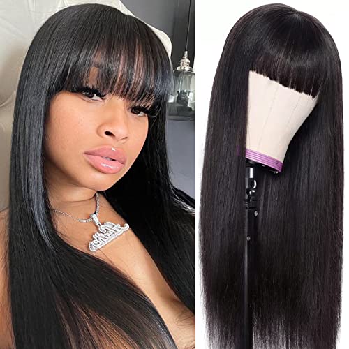 Lativ Human Hair Wigs with Bangs Straight Bang Wigs for Black Women Human Hair 150% Density Brazilian Glueless None Lace Front Wig Human Hair Natural Color(16 Inch Straight)