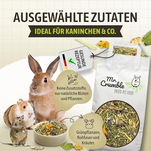 Mr. Crumble Struktur-Futter Wildwiese 1 kg – Getreidefrei & Pelletfrei – mit Kräutern & Blüten – hoher Rohfaseranteil für Verdauung & Zahnpflege bei Kaninchen, Chinchillas, Meerschweinchen & Degus