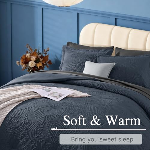 Image of Geniospin Queen Comforter Set - 7 Pieces Blue Gray Textured Queen Bedding Sets with Comforter, Sheets, Pillowcases & Shams, All Season Blue Gray Bedding