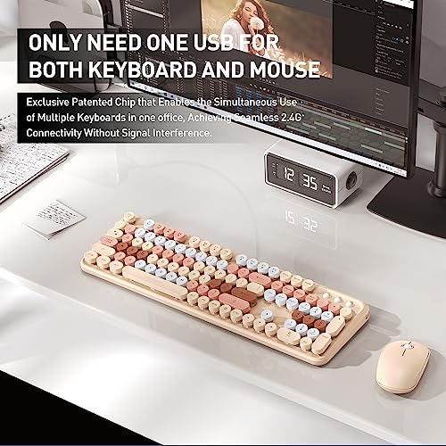 Image of Brown Wireless Keyboard and Mouse Combo, Retro Typewriter Style Round Key Keyboard, 2.4Ghz Wireless Full Size Aesthetic Keyboard with Number Pad for Long Nails PC Laptop Desktop