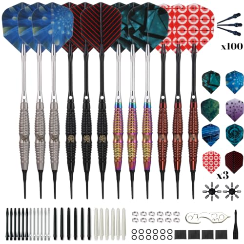 Shot Taker Co. Plastic Tip - Soft Tip Darts Set - 12 Pcs with 100 Extra Dart Tips 24 Flights Flight Protectors and Wrench for Electronic Dart Board (Red-10473)