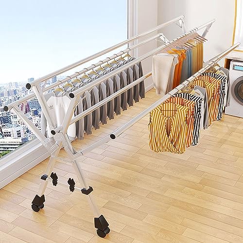 Étendoir à linge robuste en acier inoxydable pliable réglable 5 barres à roulettes