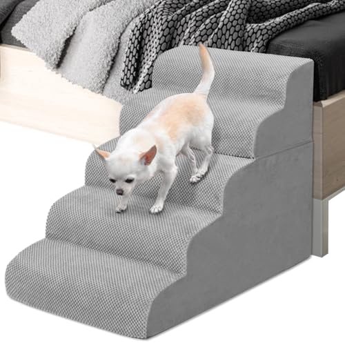 HIDOG Dog Stairs and Ramp, 5-Step Pet Stair for High Beds and Couch, Large Dogs with Removable Washable Cover, Non-Slip Soft Foam for Injured Older Pets, Grey-62 cm High