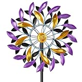 Windrad Garten Metall, Windmühle für den draußen, Windspiel Windblätter 3D Optik, Windspinner Spinner Skulpturen Windfänger für Außenterrassen Patio Rasen (Violett + Gelb)