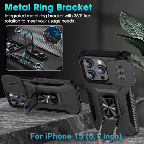 Image of ZORBES Phone Case for iPhone 15 Multifunctional Phone Cover with Folding Phone Ring Grip & Sliding Camera Cover, PC Anti-Scratch Phone Case for iPhone 15 6.1 inch Black