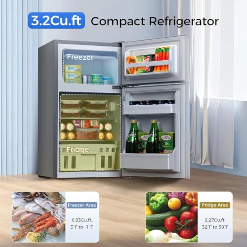 Image of Kismile 3.2 Cu.Ft Mini Fridge with Freezer, Compact Refrigerator, Grey | Removable Shelves, Two Doors, Adjustable Temperature, Perfect for Bedroom, Apartment, Office, Dorm