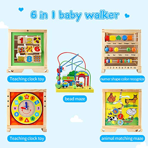Wooden Activity Cube Toys with Bead Maze Baby Clocks Shape Sorter Abacus 6 in 1 Play Baby Push and Pull Learning Walker Educational Toys for Baby Kid Gifts for 12 Month 1st Birthday Girls Boys