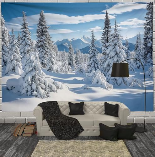 Tapisserie Noël ciel bleu et forêt d'hiver en grand format 230x180cm