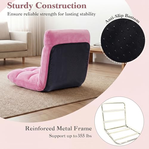 Image of Giantex Folding Floor Chair with Back Support, 14 Adjustable Position, Padded Sleeper Bed, Couch Recliner, Gaming Video Chairs for Adults, Meditation, Living Room (Light Pink)