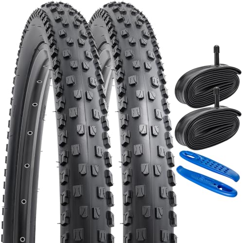 YunSCM 2-Pack 26 Bike Tyres 26x2.10 Tires 54-559 and 26 Heavy Duty Inner Tubes Schrader Valve AV32mm, Compatible with 26x2.0 26x2.1 26x2.125 Mountain Bike Bicycle Tyres and Tubes (W-2115)