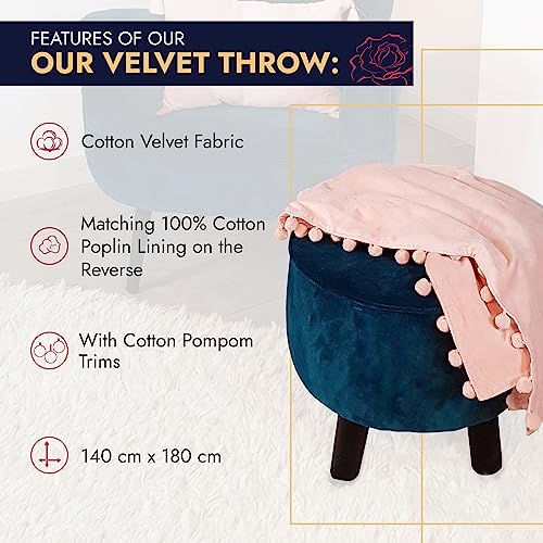 Ragged Rose 140 cm x 180 cm Throw Blanket, Pom Pom Throw Made of Cotton Velvet with Pompom Trims on Sides - Image 4