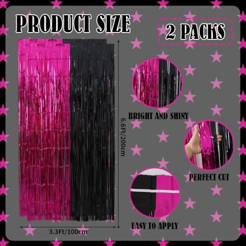 Image of TONIFUL 2Pcs Black Hot Pink Metallic Tinsel Foil Fringe Curtains Streamers | 3.3ftx6.6ft Photo Booth Backdrop Door Streamer for Bachelorette 16th 21st Birthday Girls Night Out Music Themed Party Decor