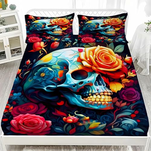 Sabana Bajera 180x200 Rosa Sabanas Bajeras Estampadas Calavera Sábana Bajera Ajustable Suaves, Elastico Funda Colchon con 2 Funda Almohada 50x80 cm, para Colchón de 30cm de Altura