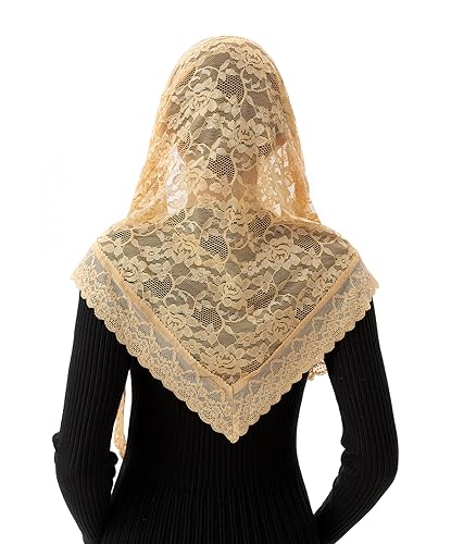 PAMOR Veils for Church Catholic Triangluar Scarf Embroidered Chapel Veil Head Covering Latin Mass Mantilla (Gold) - Thumbnail 6